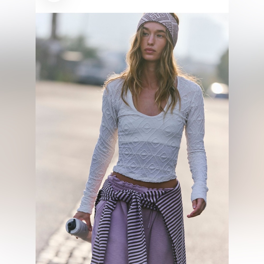 FP Movement by Free People White Textured Long Sleeve Scoop Neck Top